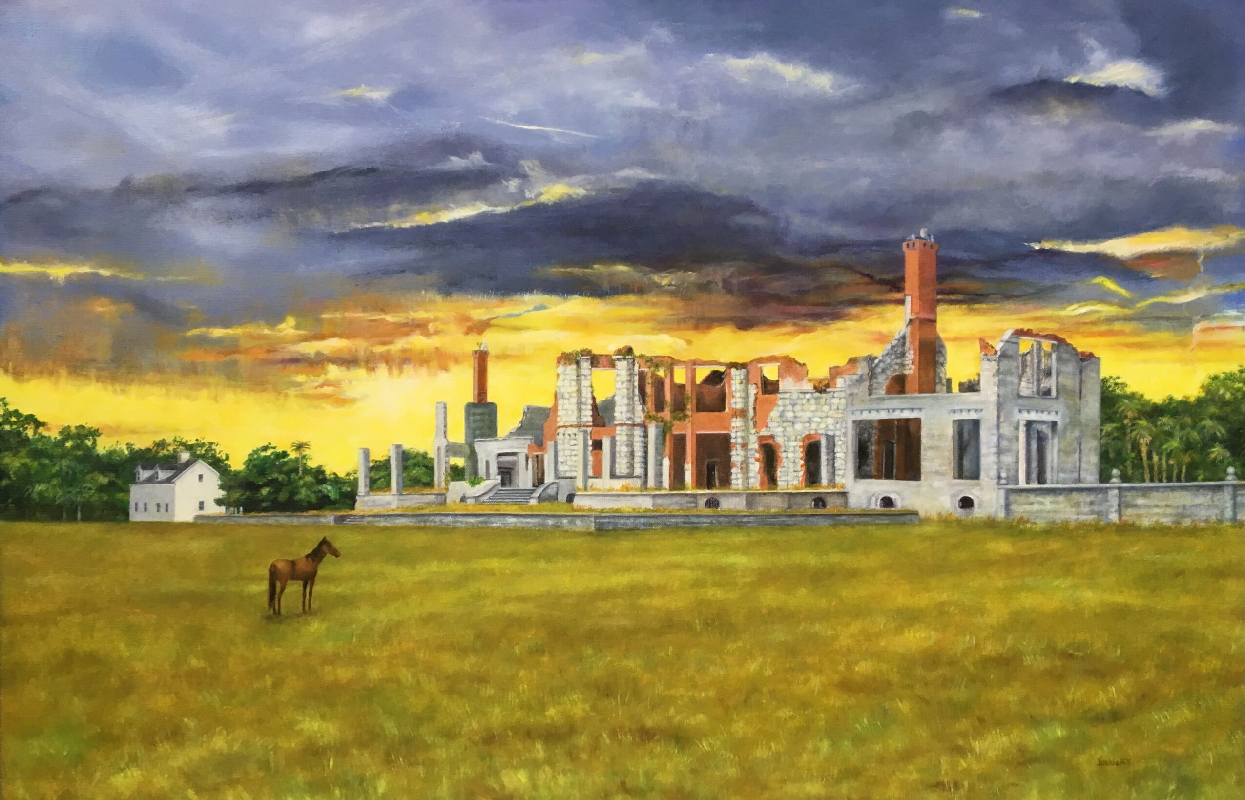 A large castle-like building with towers and chimneys, set against a dramatic sunset sky, with a horse in a grassy field.