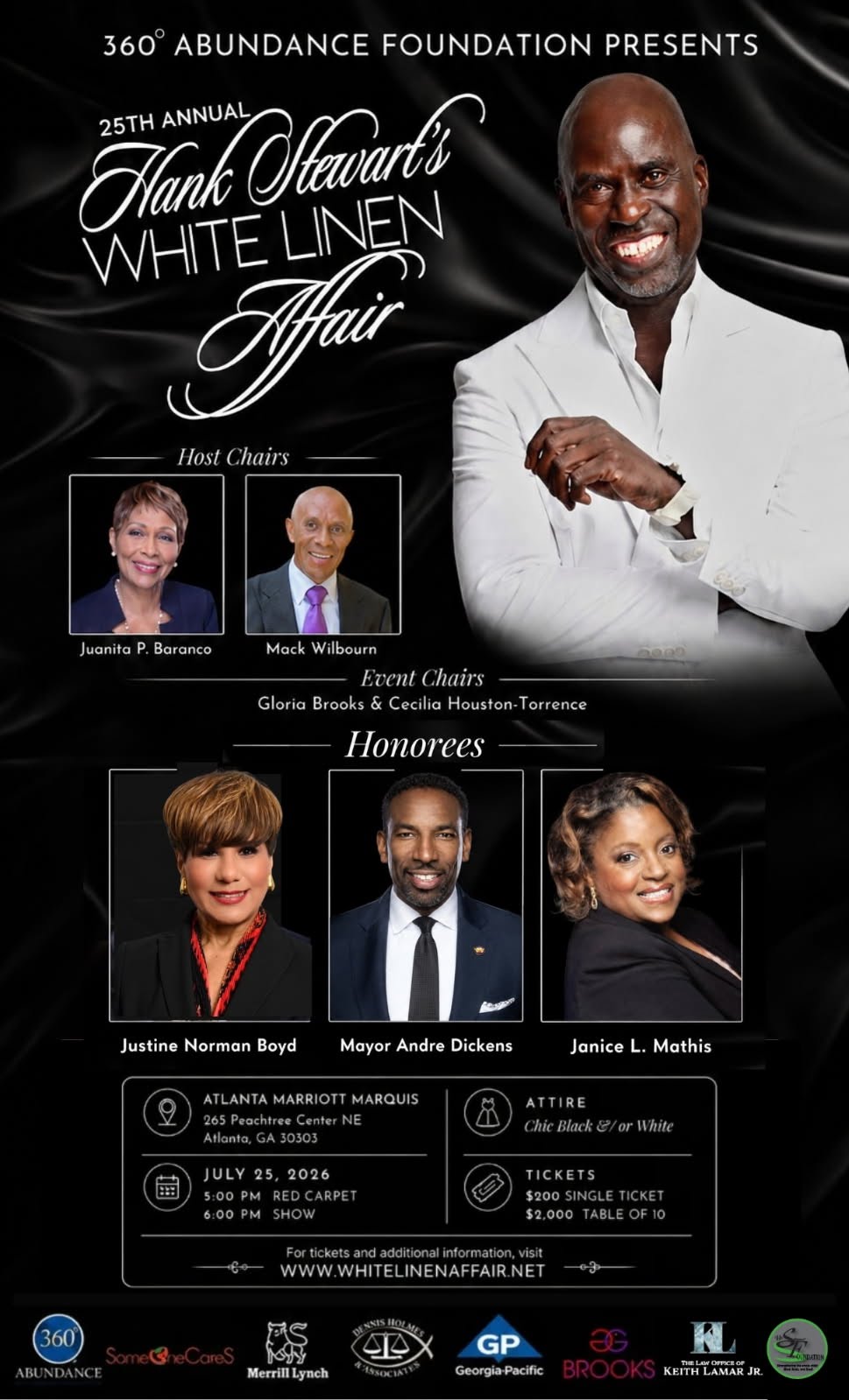 Event poster for the 25th Annual Hank Stewart White Linen Affair, featuring host and guest chairs, with event details and sponsors.