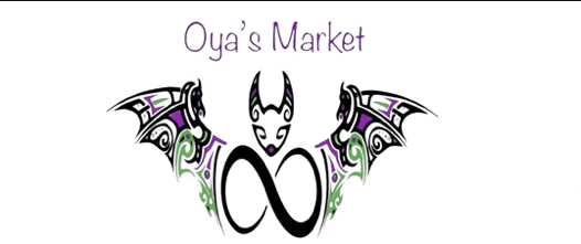 Logo with a stylized bat, dragon, and an infinity symbol, with text 'Oya's Market' above.