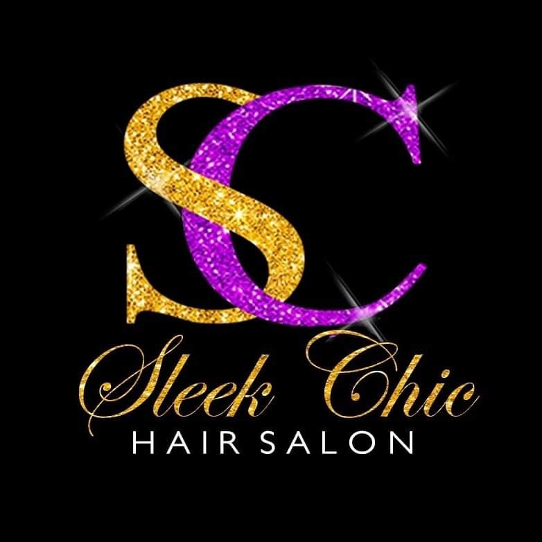 Logo with gold and purple glittery intertwined letters 'S' and 'C', text 'Sleek Chic Hair Salon' below, black background.