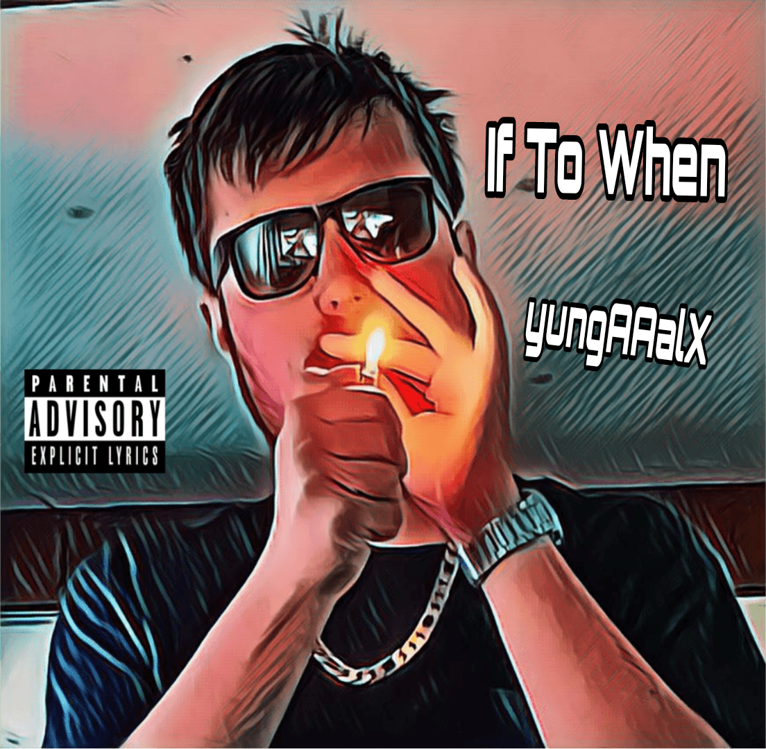 Young man with sunglasses and a chain, holding a lit cigarette, with a colorful background and text overlay.