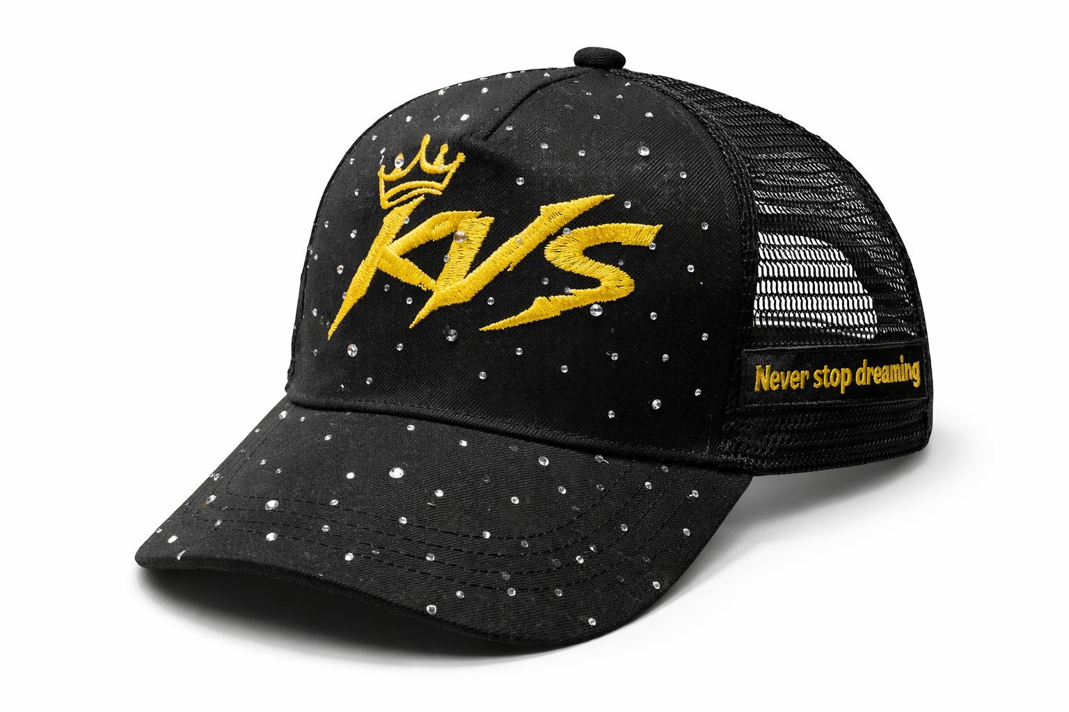 Black baseball cap with yellow logo, white dots, and mesh back, featuring text on side and front.