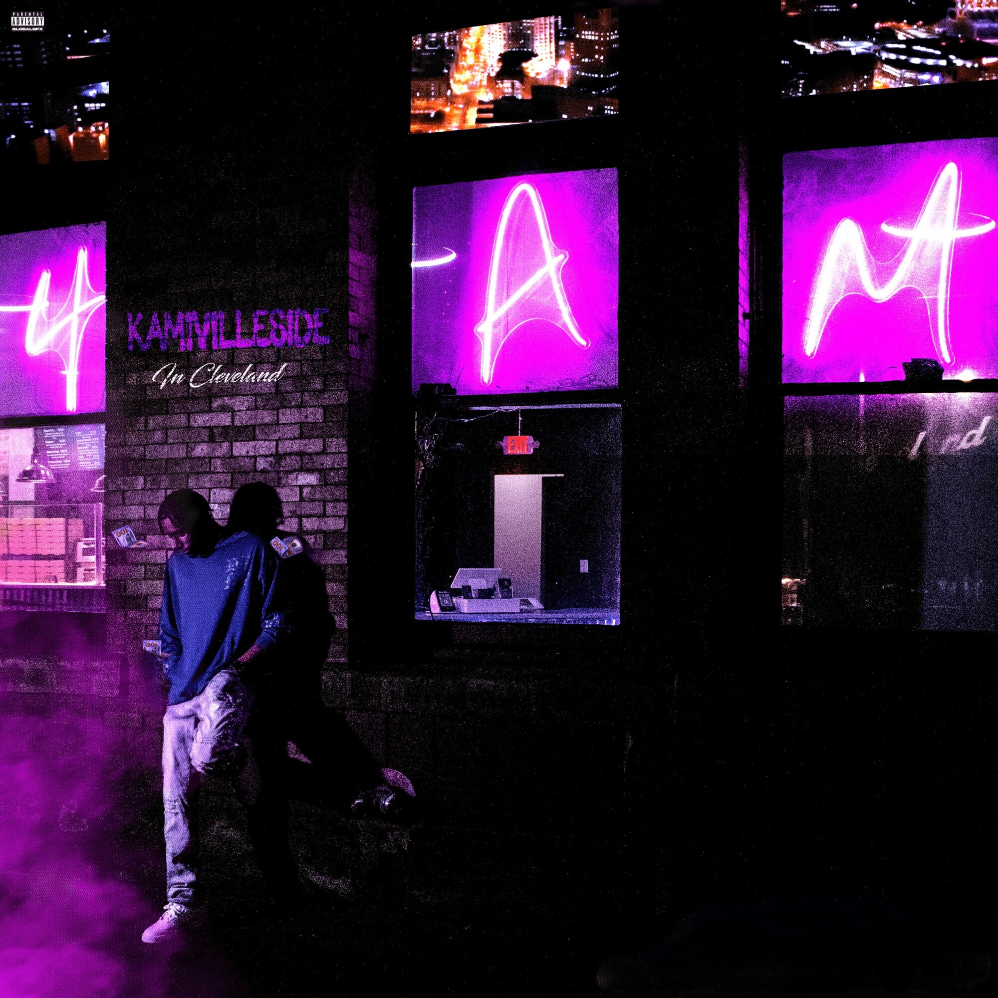 Two people stand outside a building with neon signs spelling 'A M' in pink, against a dark background, with a brick wall and screens above.