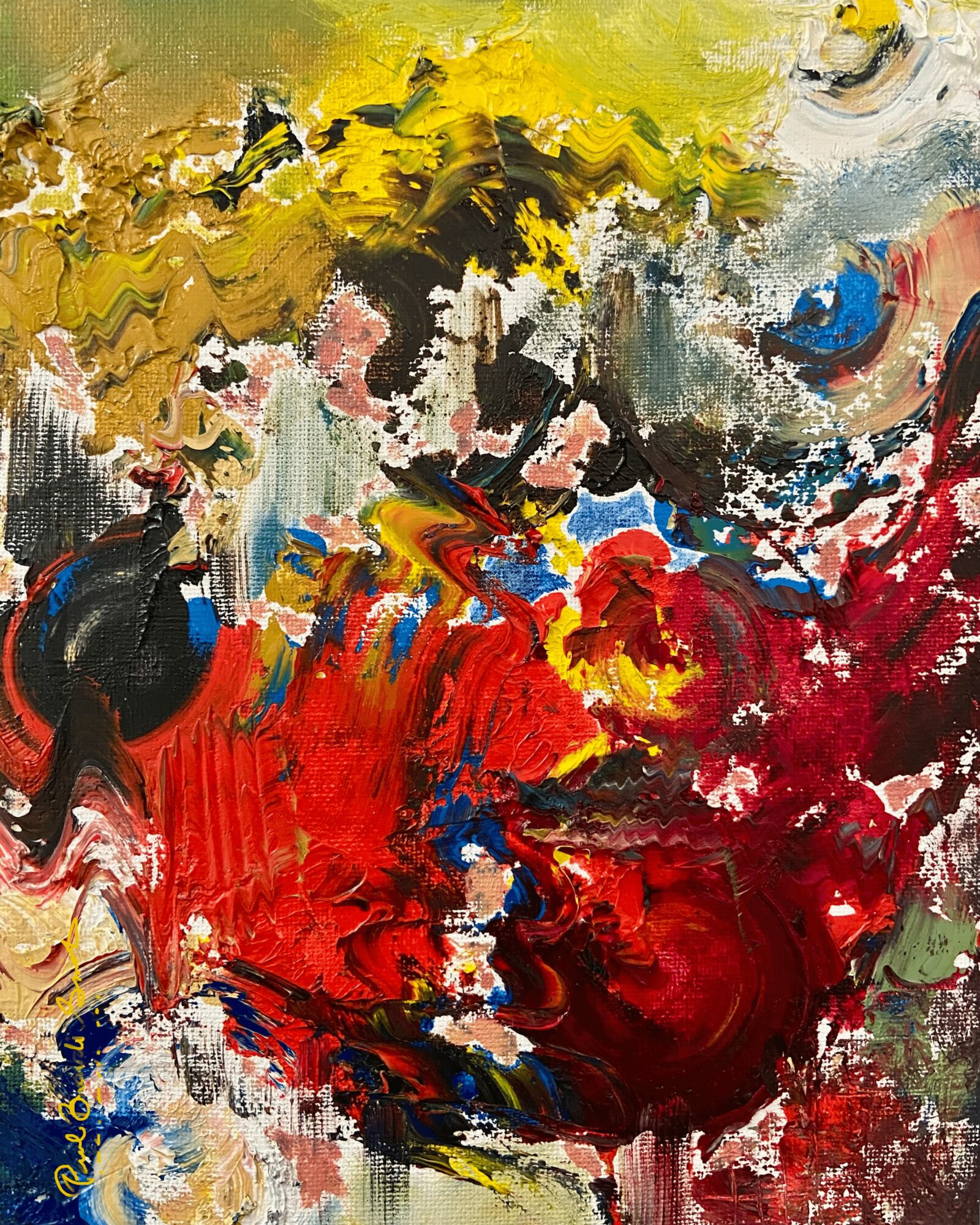Abstract painting with vibrant red, yellow, black, white, and blue colors in thick, textured brushstrokes.