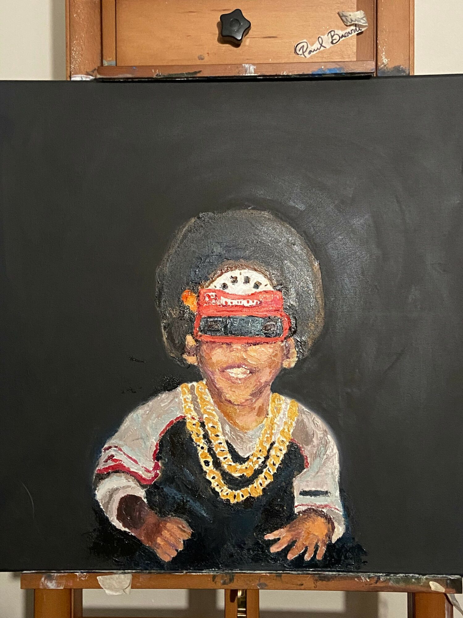 Painting of a person wearing traditional attire with jewelry and a headpiece, set against a dark background.