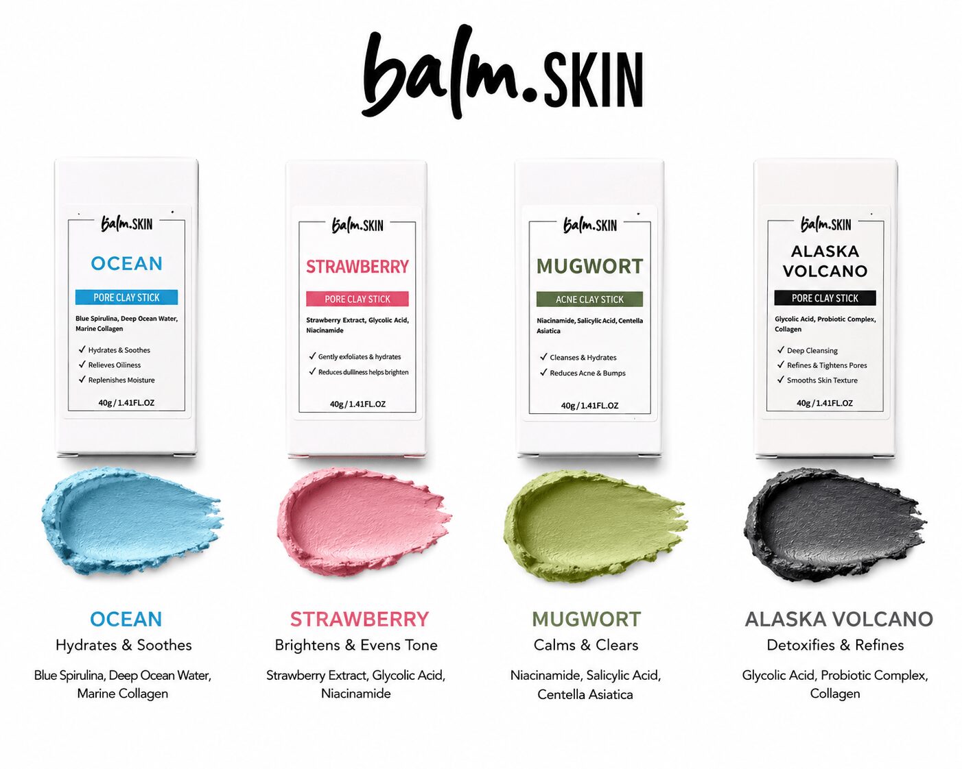 Four skincare product boxes labeled Ocean, Strawberry, Mugwort, and Alaska Volcano with color swatches below each.