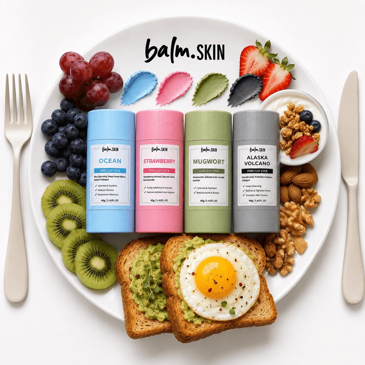 Heart-shaped plate with skincare products, fruits, nuts, and toast with egg, fork on left, knife on right.