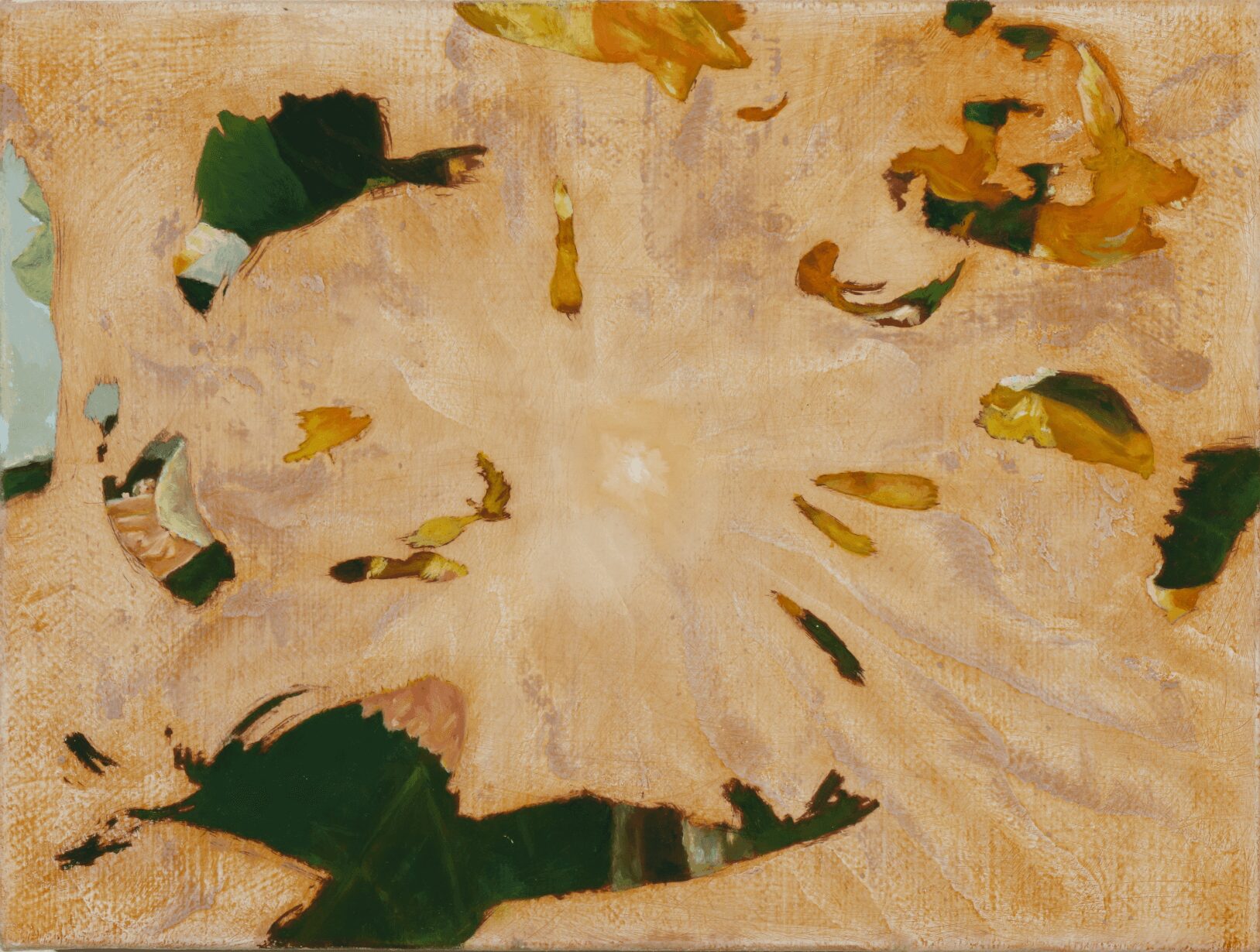 Colorful abstract painting with various shapes and brushstrokes on a beige background.