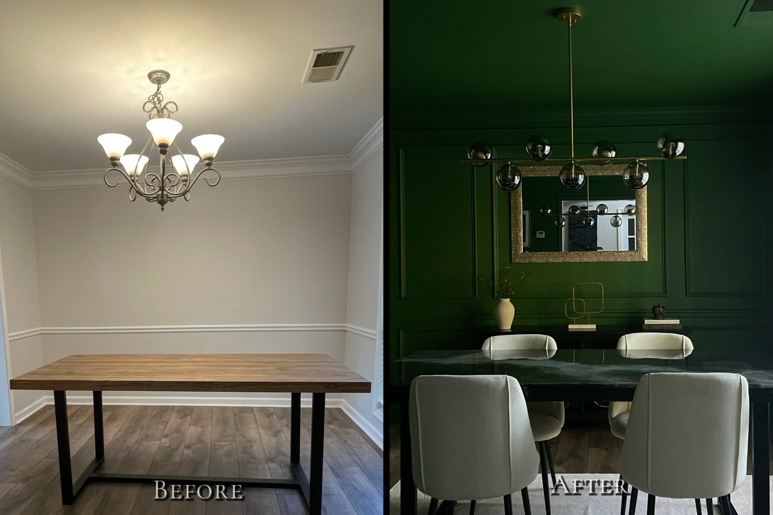 Room with a wooden table, chandelier, and white walls; after renovation, dark green walls, modern chandelier, and dining table with chairs.