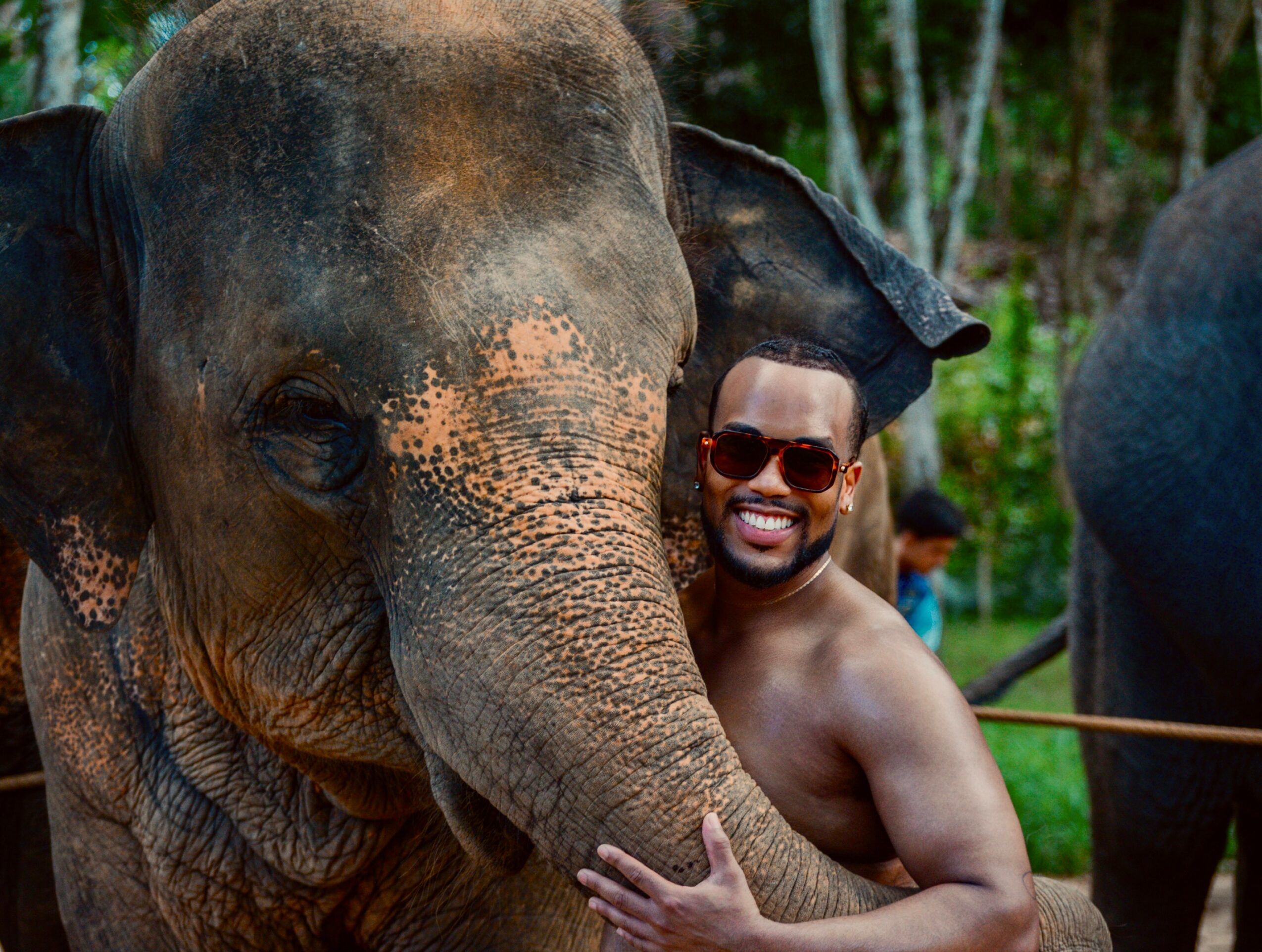 Man with sunglasses smiling and hugging an elephant outdoors, surrounded by trees.
