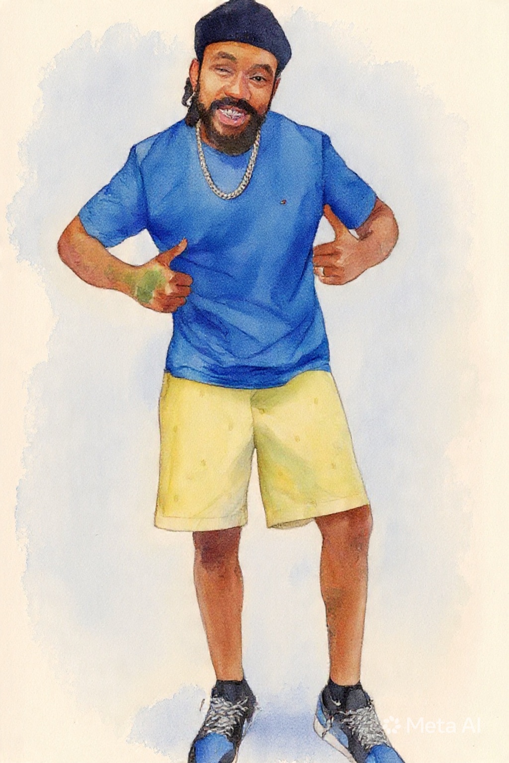Person with a beard and mustache wearing a blue shirt, yellow shorts, black shoes, and a black hat, smiling and pointing.