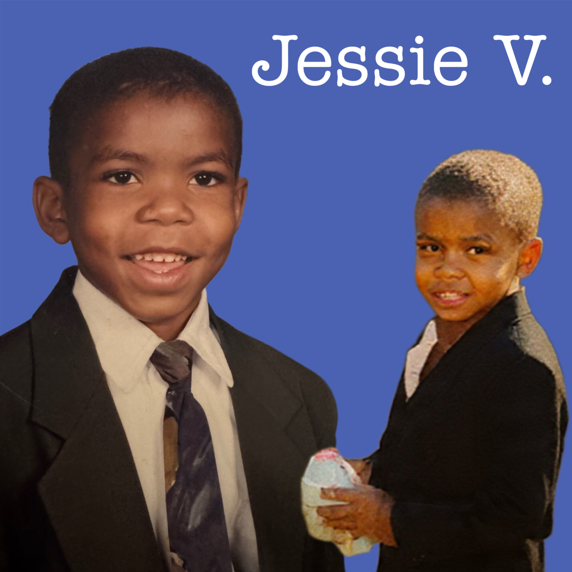 Two children in formal clothing, one smiling and the other holding a small object, against a blue background. Text reads 'Jessie V.'
