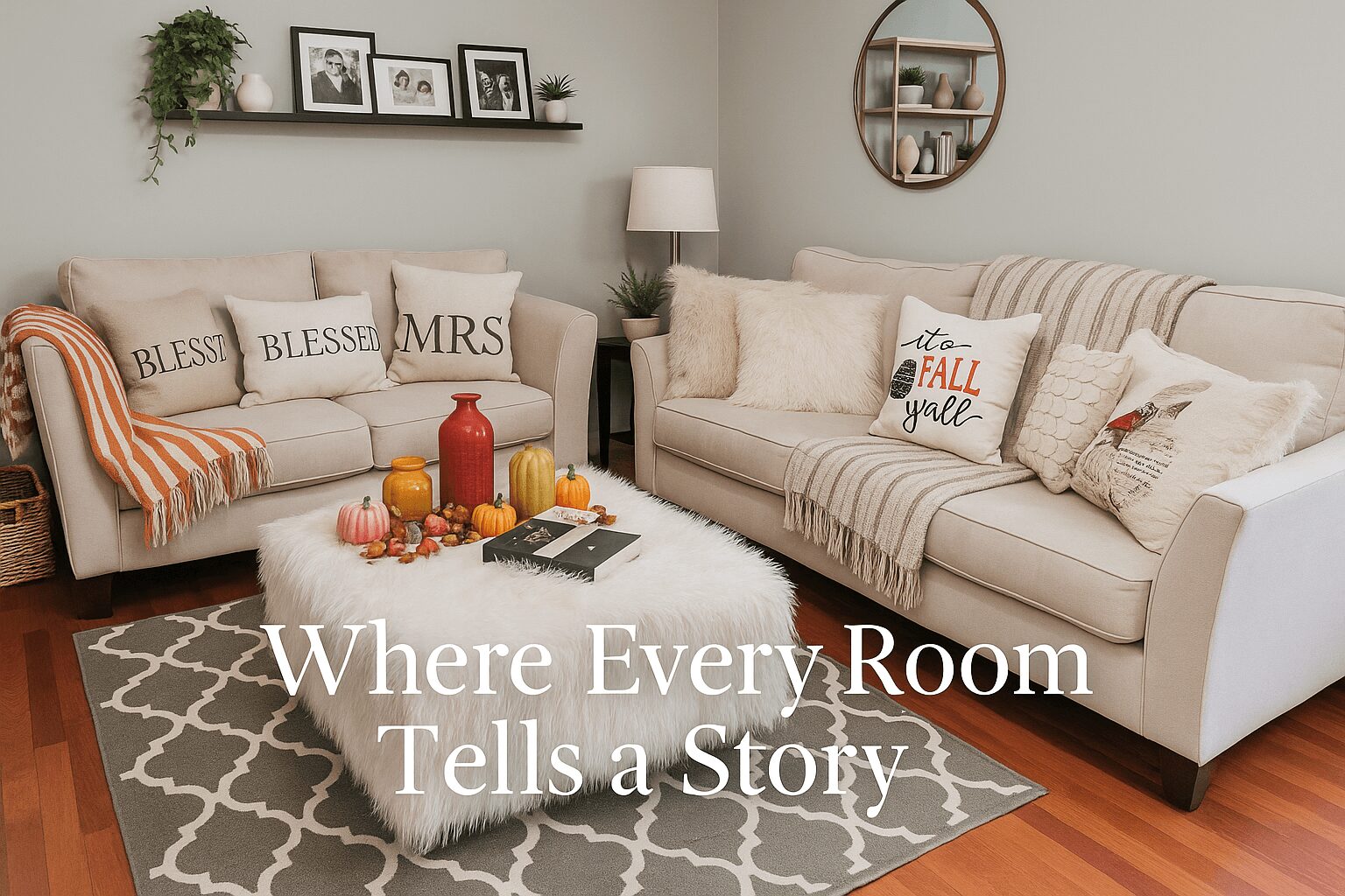 Living room with two sofas, pillows, a coffee table, and wall decor, featuring a patterned rug and hardwood floor.