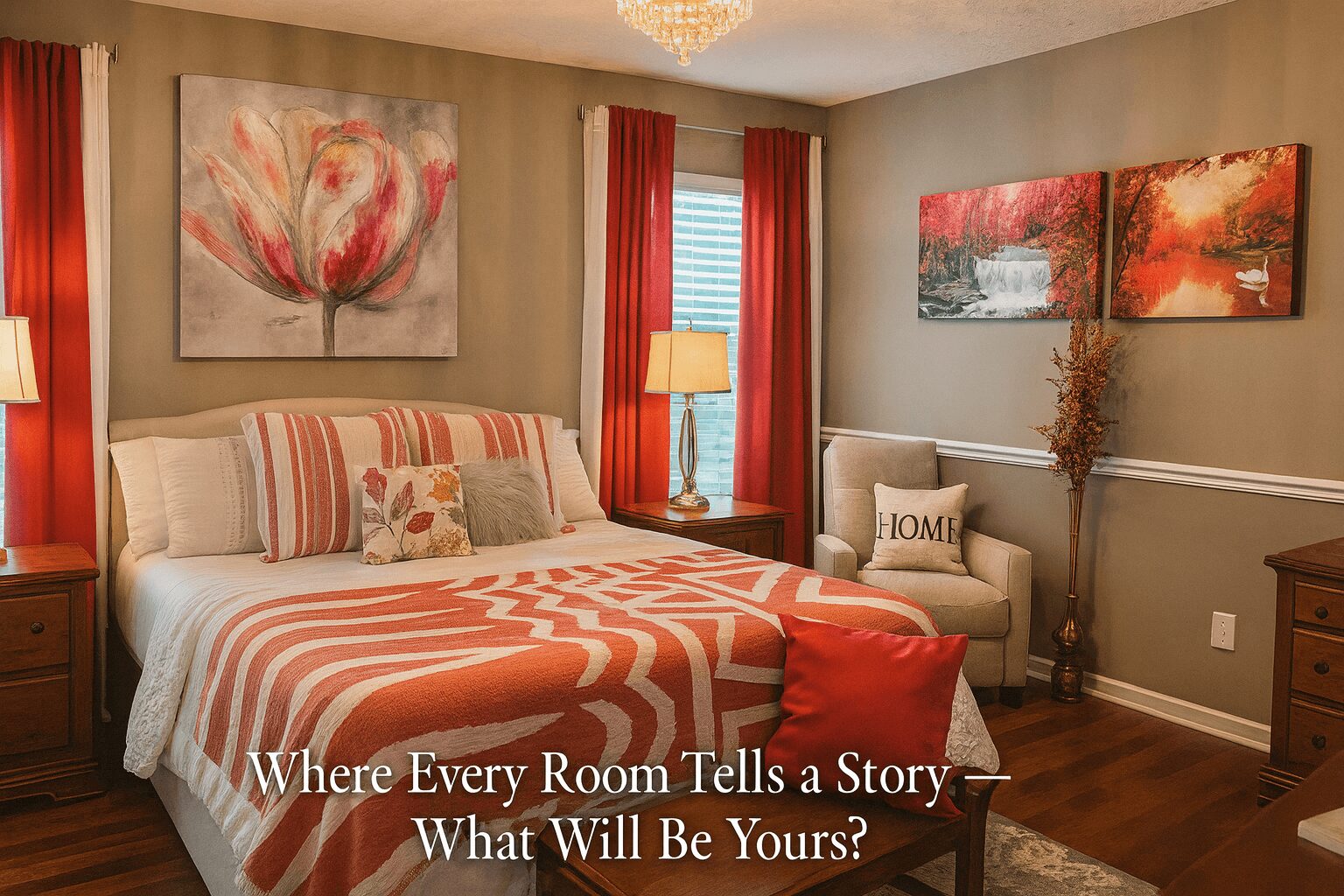 Bedroom with bed, colorful artwork, red curtains, armchair, and wooden furniture, decorated in warm tones.
