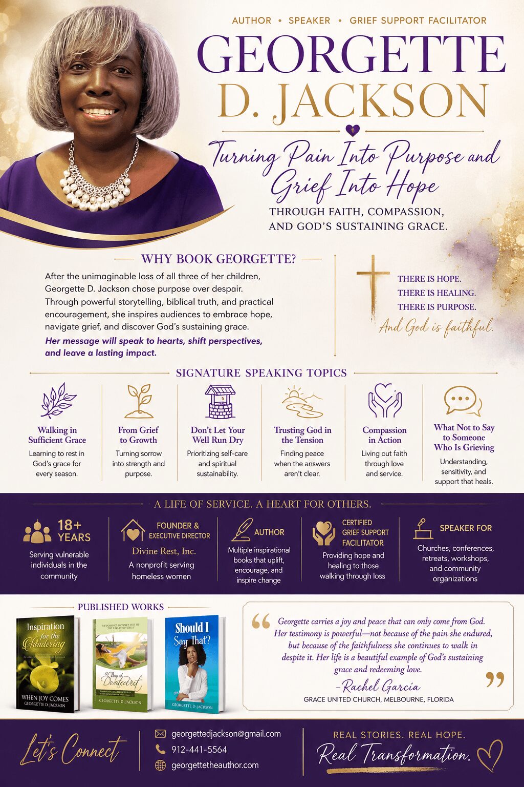 Book cover featuring a woman with short gray hair, purple background, and gold text, promoting a book by Georgette D. Jackson.
