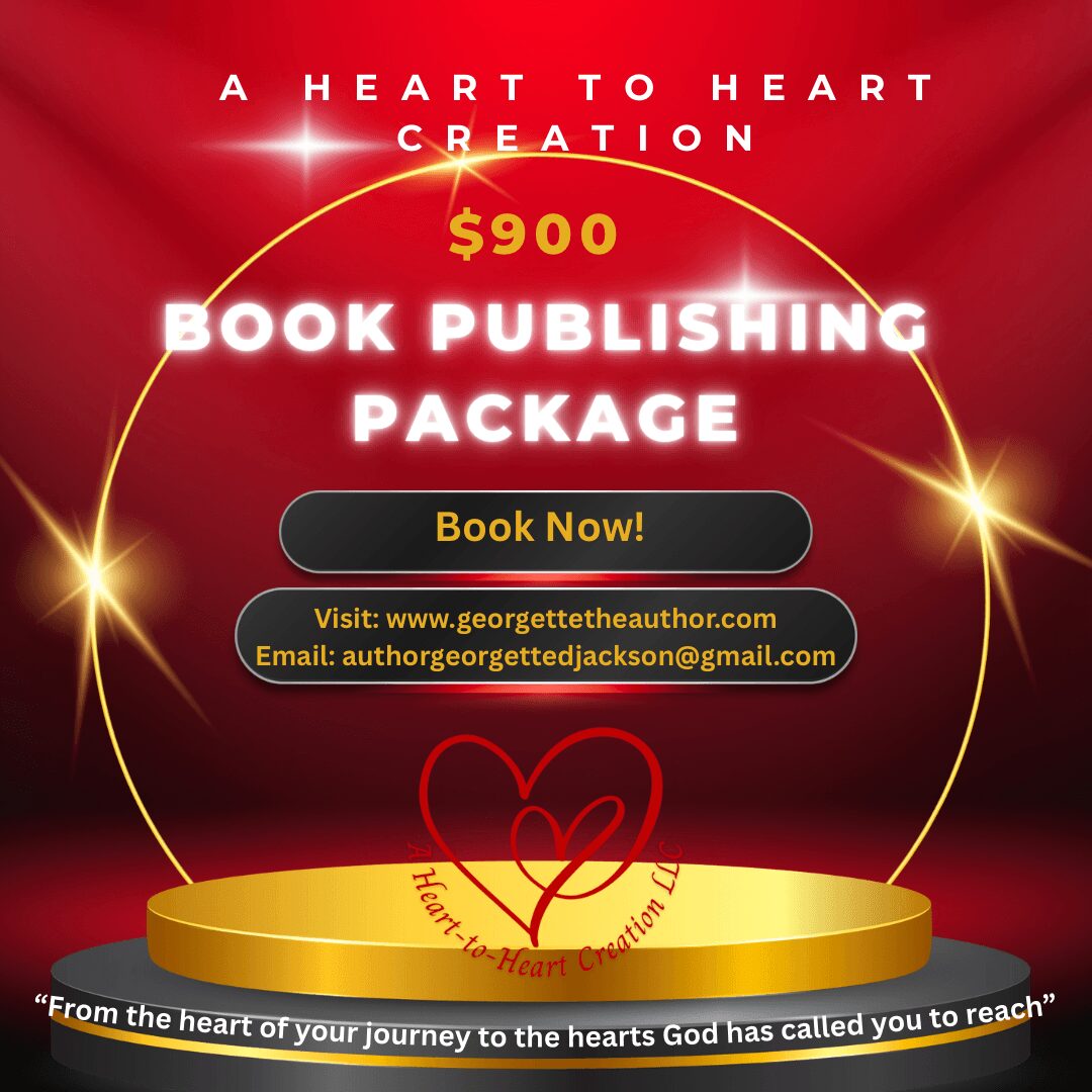 Promotional poster for a book publishing package, featuring red background, gold and black text, and a heart graphic.