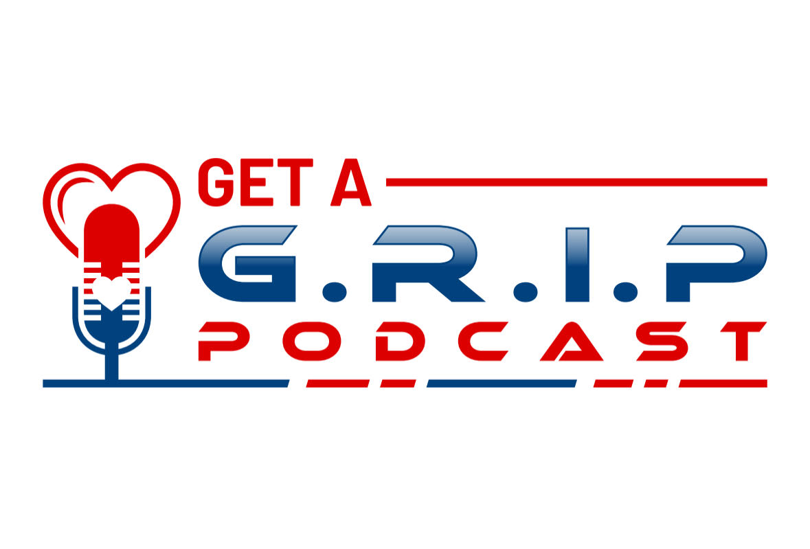 Podcast logo with microphone, text 'Get a G.R.I.P Podcast', and red and blue colors.
