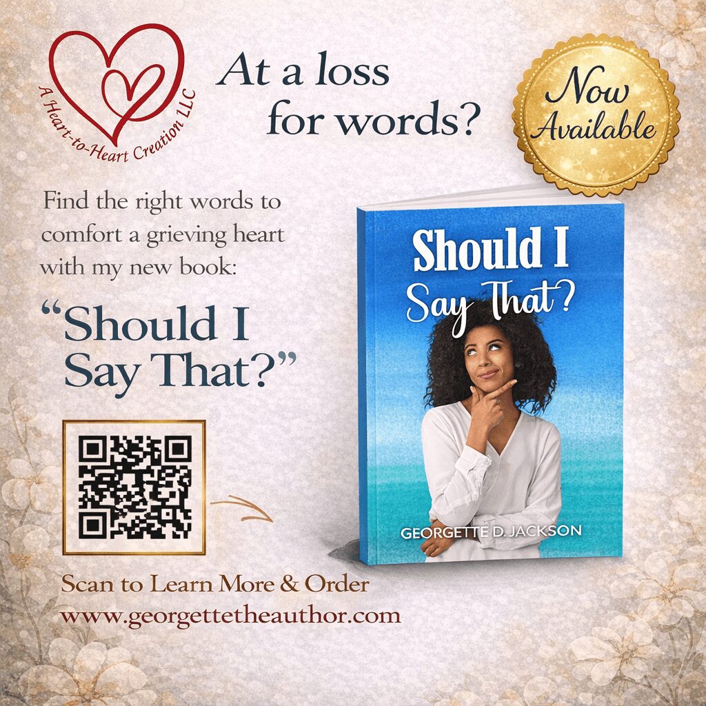 Book cover titled 'Should I Say That?' with a woman on a blue background, promotional flyer for a grief support book, heart logo, gold badge, and QR code.