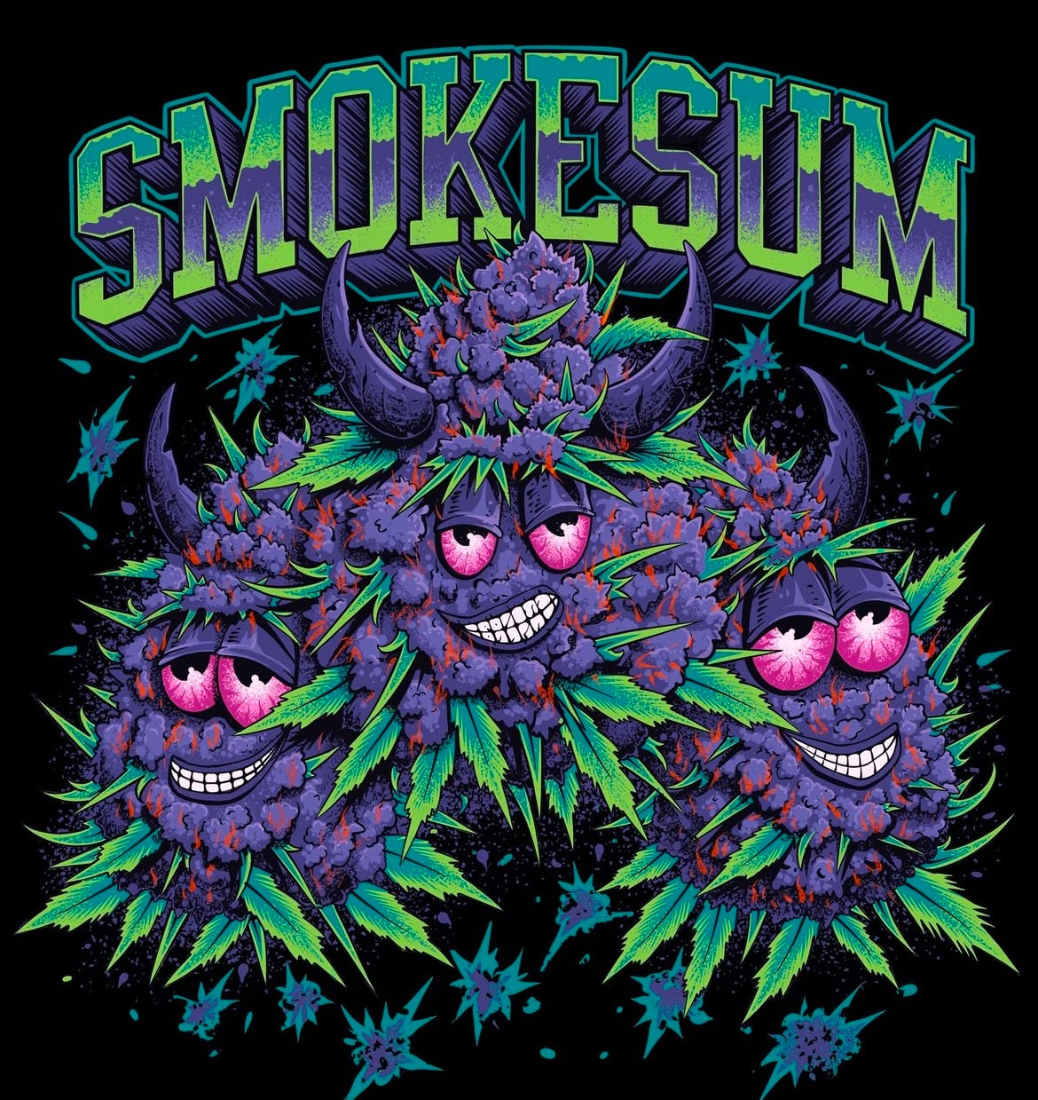 Colorful cartoon cannabis plant with smiling faces and the word 'SMOKESUM' above it, surrounded by leaves and stars.