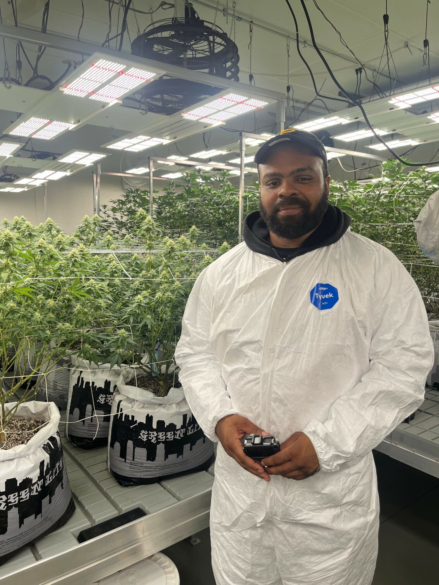 Person in a white protective suit holding a phone, standing in a greenhouse with plants and equipment.
