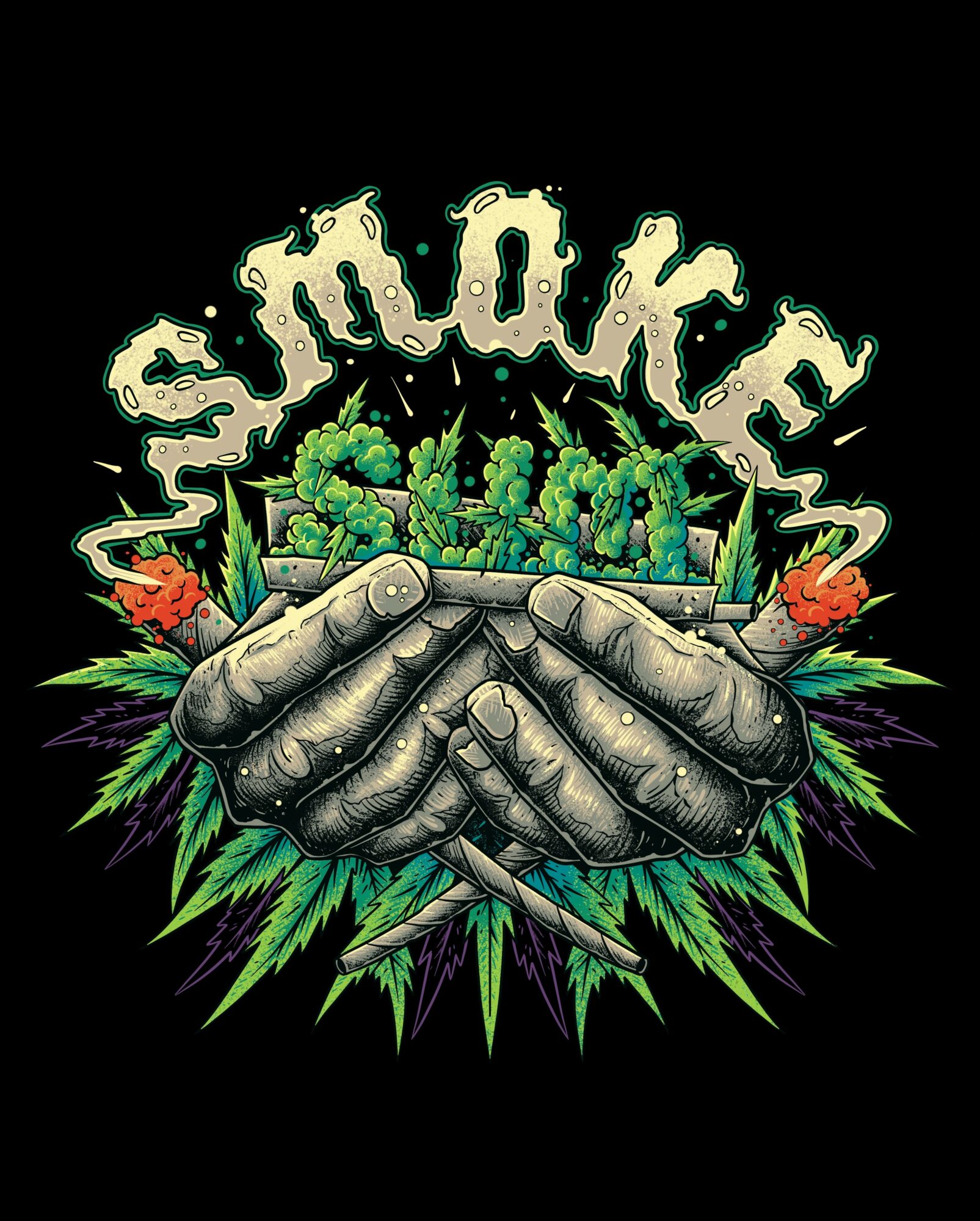 Two hands holding a plant with green leaves and small trees, surrounded by colorful flames and green leaves, with stylized text above.