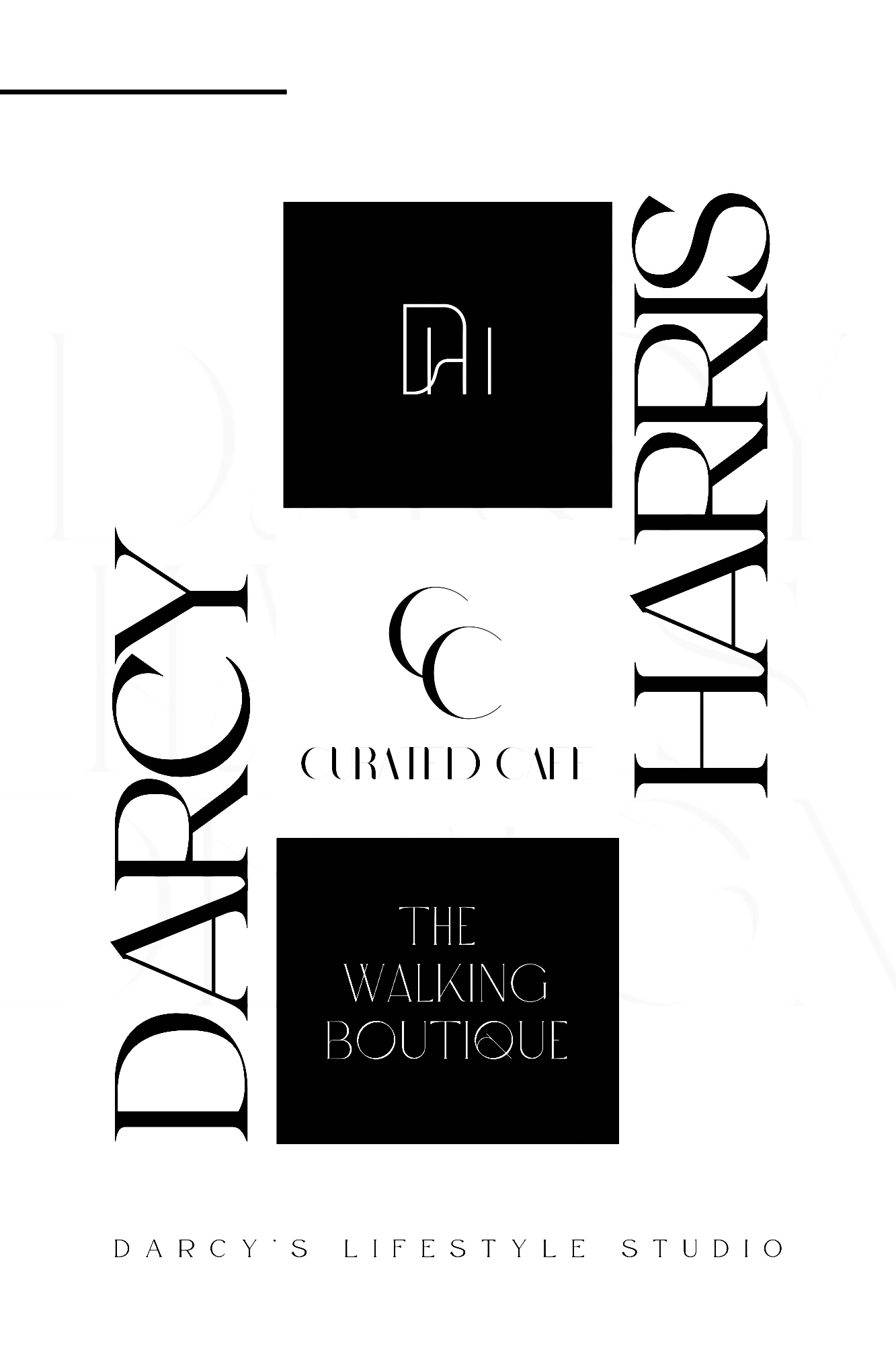 Black square with white text and logo, including brand names and a boutique, on a white background.
