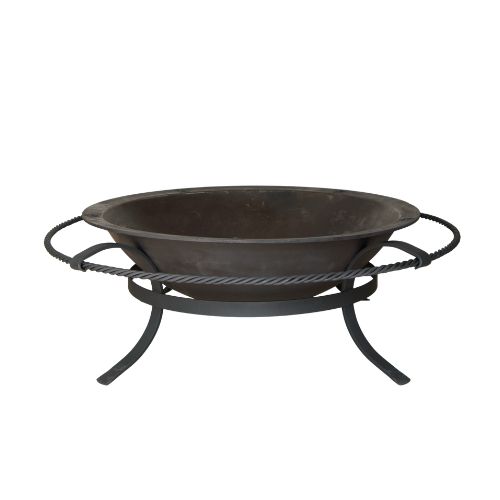 Round metal fire pit with three legs and a raised edge, designed for outdoor use.
