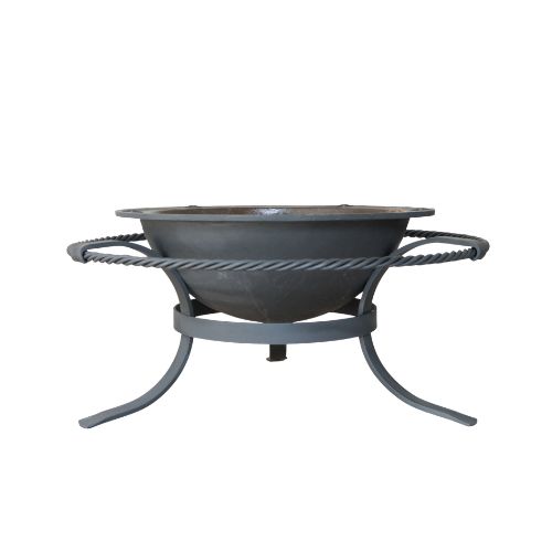 Round fire pit with a metal bowl and curved legs, with handles on sides, on a white background.