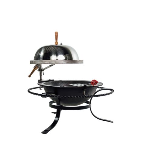 A round outdoor grill with a lid, stand, and a cooking surface, featuring a red knob and a handle, on a white background.