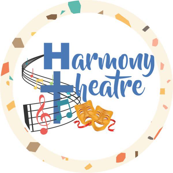 Logo with text 'Harmony Theatre', musical notes, and comedy masks, surrounded by a colorful confetti border.