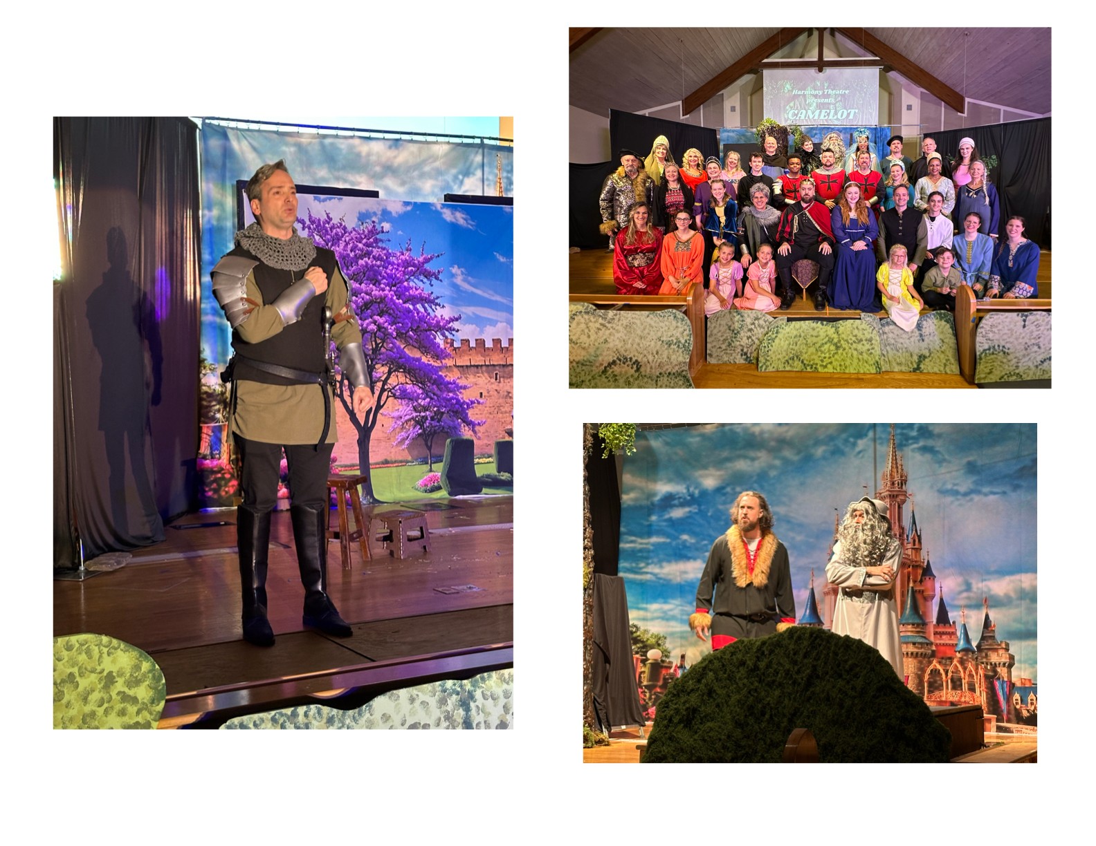 Three images: a man speaking on stage, a group photo of people on a stage, and two women outdoors with a castle in the background.