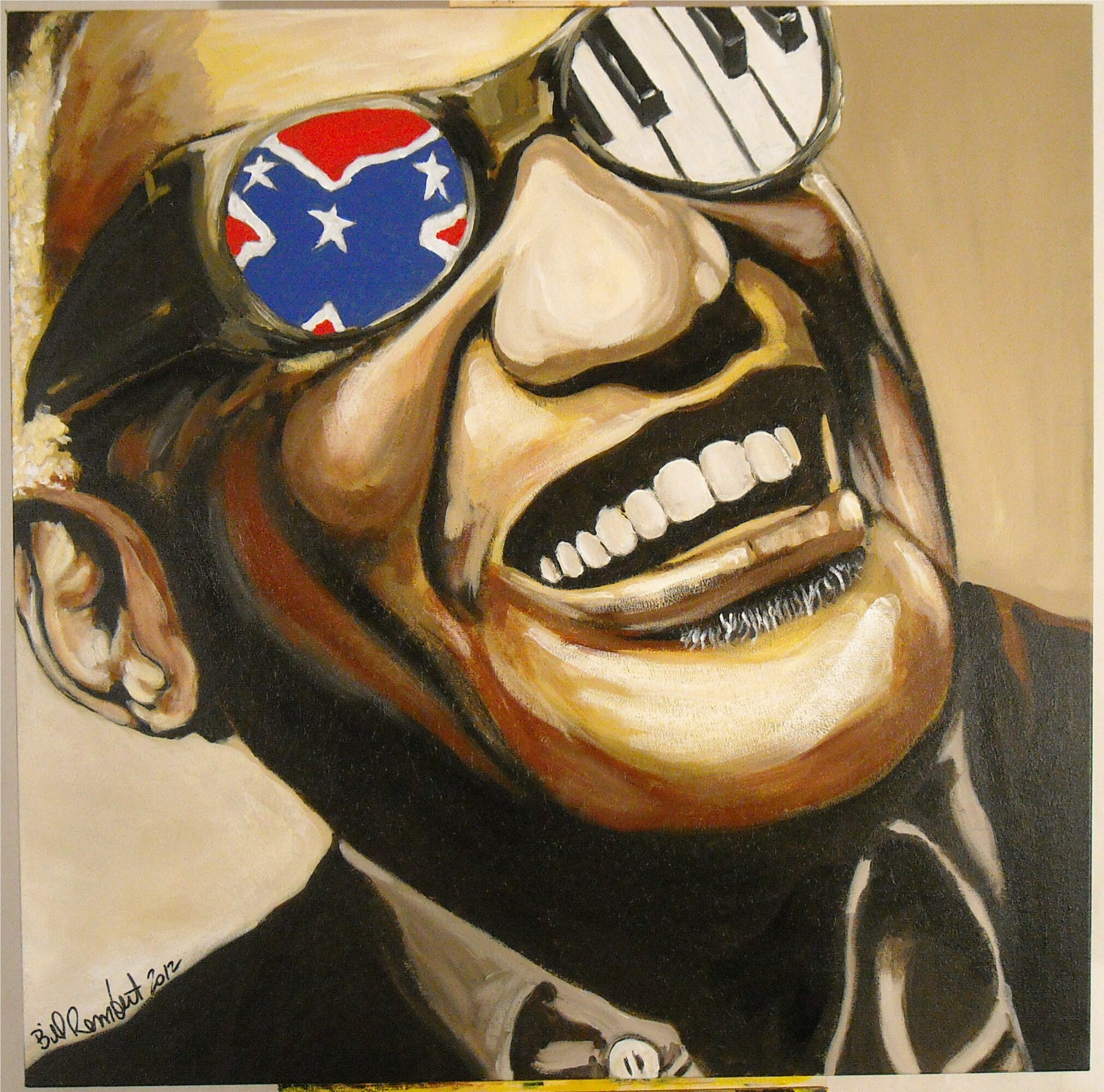 Portrait of a smiling person wearing sunglasses with patriotic designs, showing teeth, in a painting style.