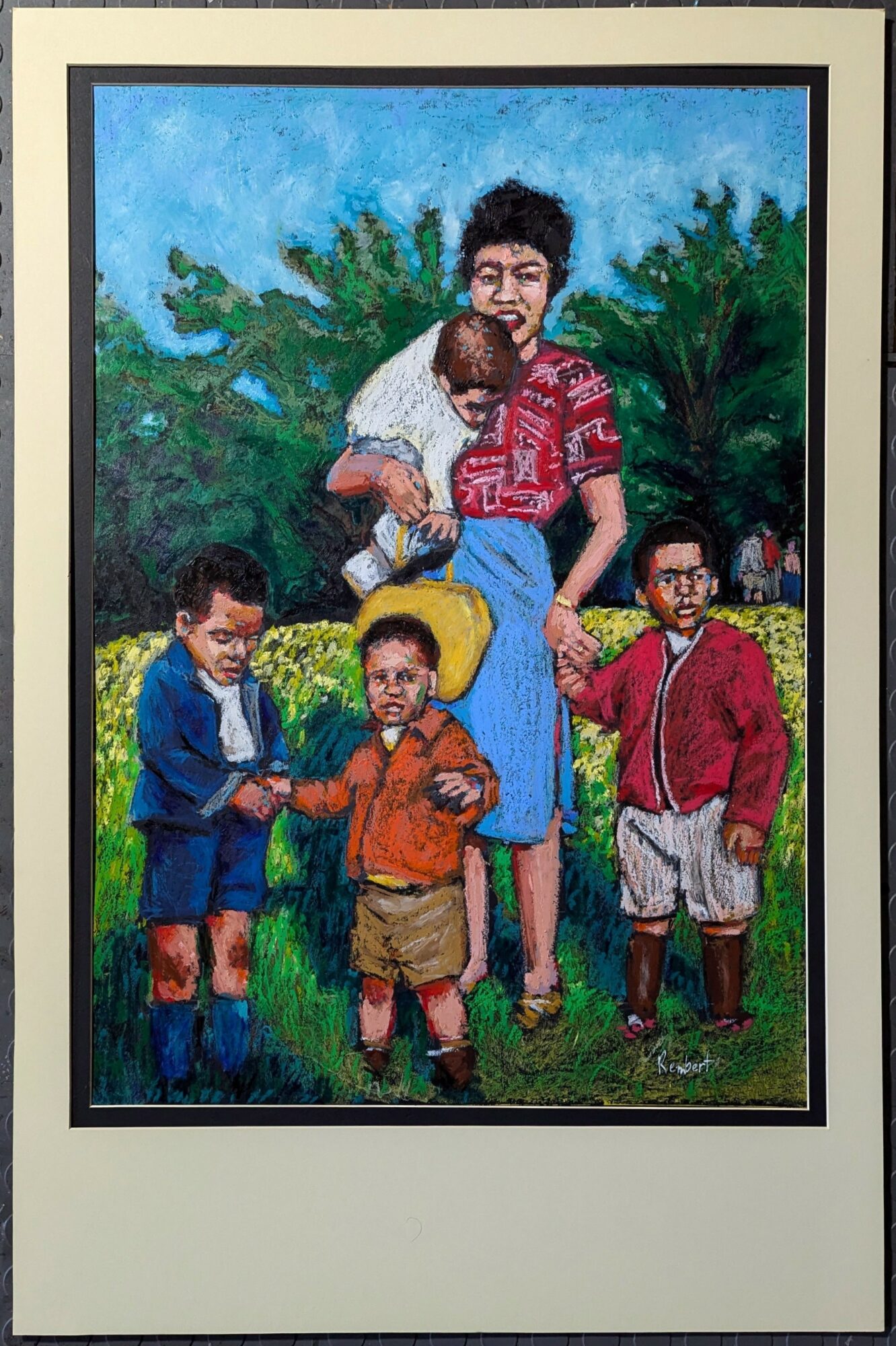 A woman sitting outdoors with four children, holding a baby, surrounded by trees and grass, in a colorful painting.