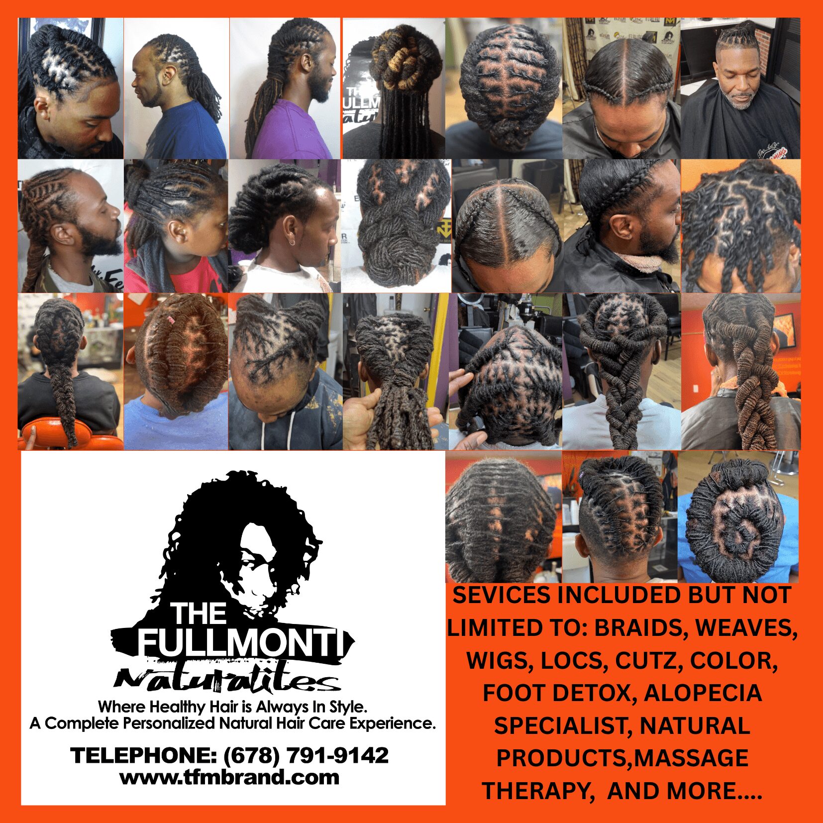 Collection of various hairstyles on people, including braids, twists, and natural styles, with a logo and text about hair care services.