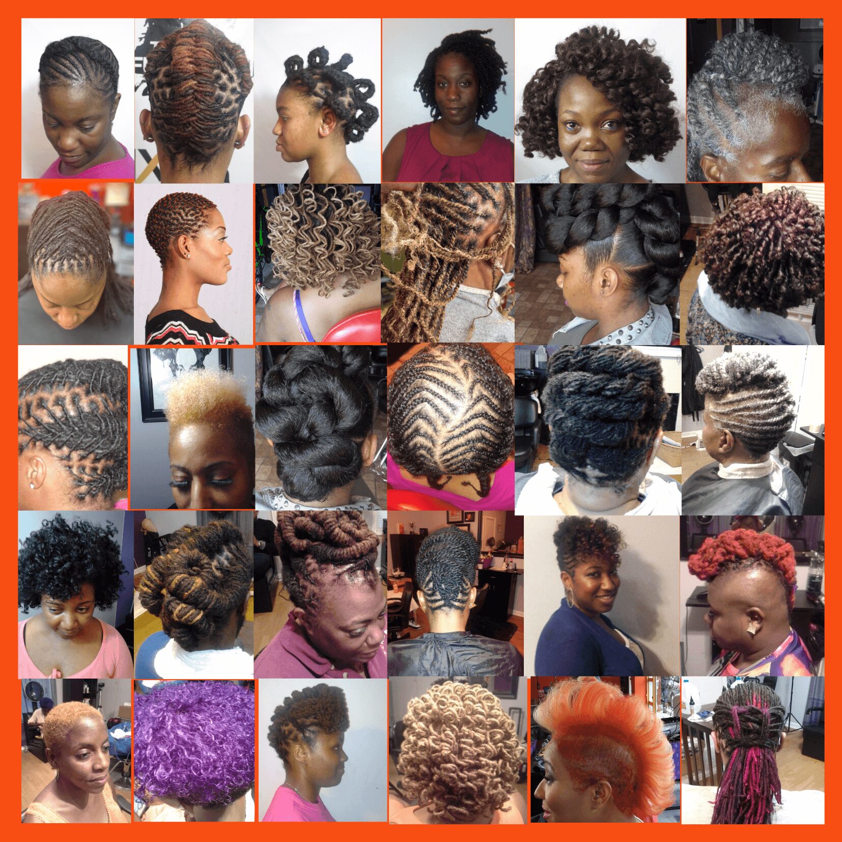 Collage of various hairstyles on women and girls, including braids, curls, twists, and natural textures, with diverse hair colors and styles.