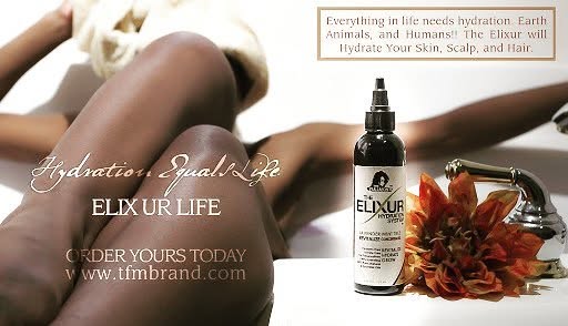Close-up of a person’s legs with a bottle of Elixir and flowers on a white surface, promoting hydration and skincare.