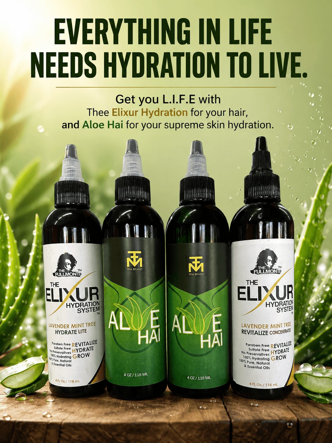 Four bottles of hydration products with aloe vera leaves and water droplets, promoting hydration and skin health, on a wooden surface.