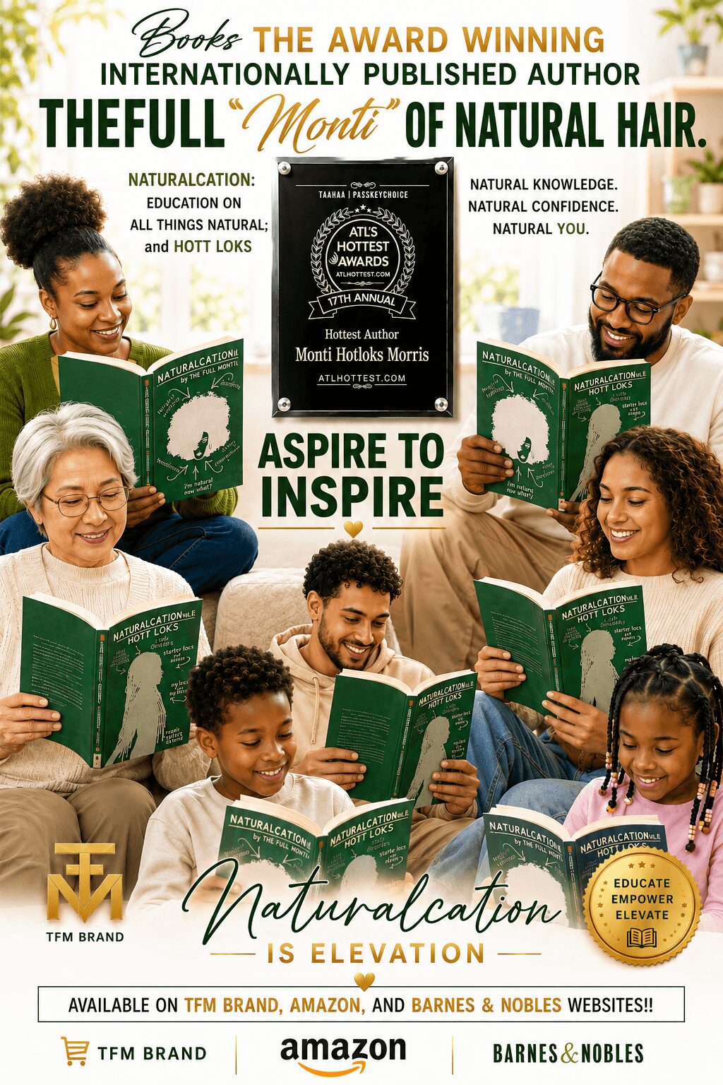 Group of diverse people reading green books, smiling, in a bright room with natural light, promoting natural hair and inspiration.