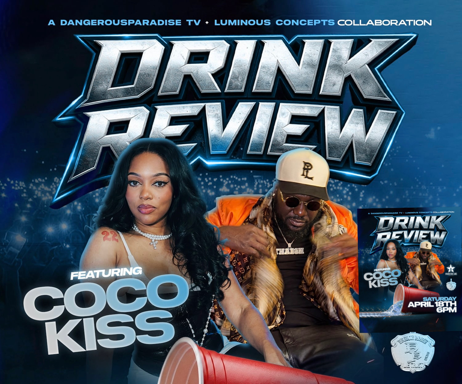 Promotional poster for Drink Review featuring a woman and a man, with text and a small inset image, blue background.