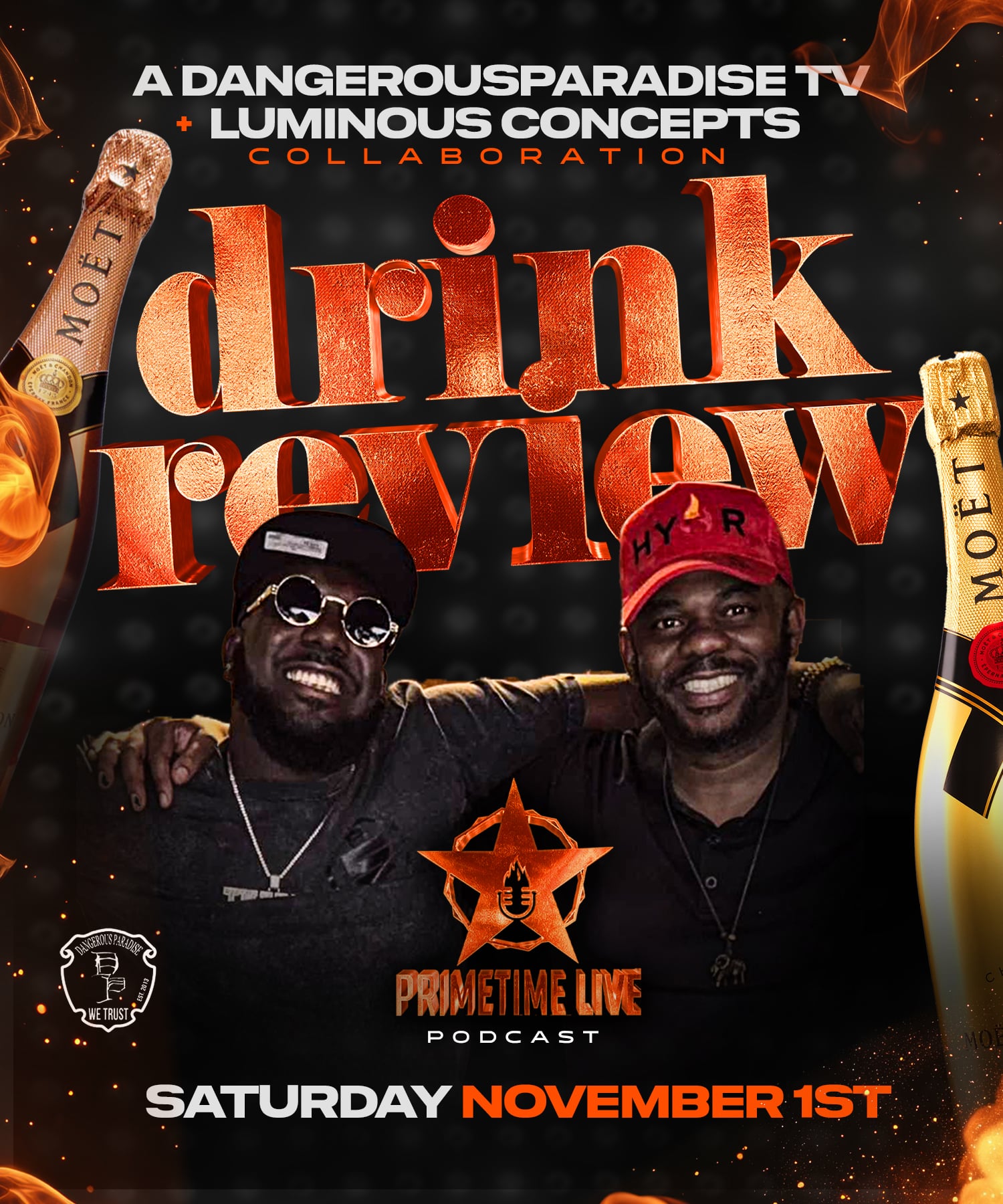Two men smiling, wearing hats and sunglasses, with bottles of Moët champagne, promotional text for a podcast event, November 1st.