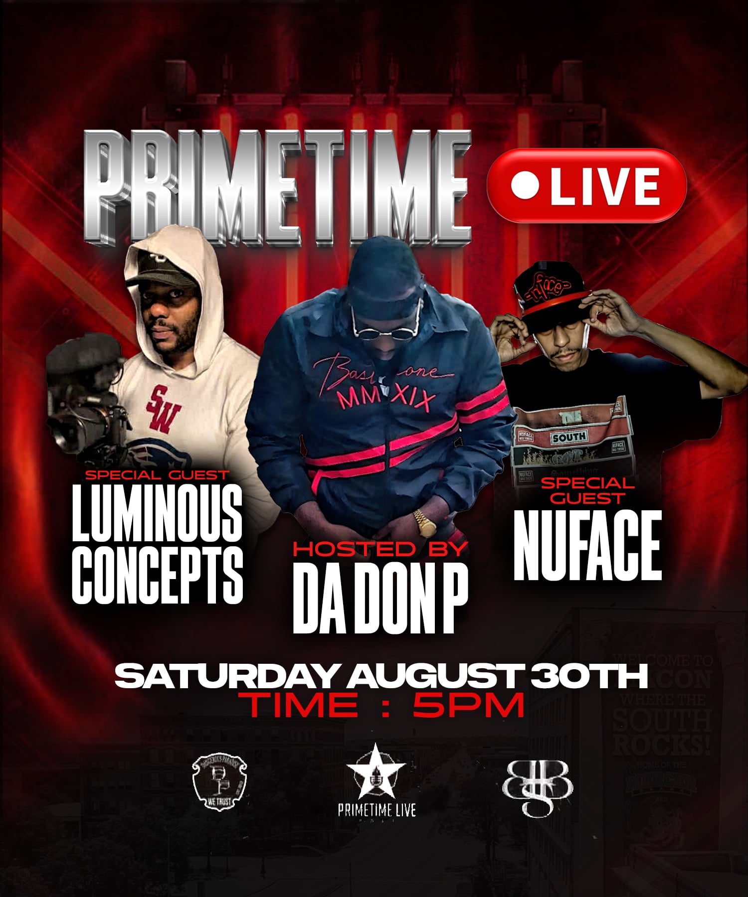 Promotional poster for a live event featuring Luminous Concepts and Nuface, hosted by Da Don P, scheduled for Saturday, August 30th at 5 PM.