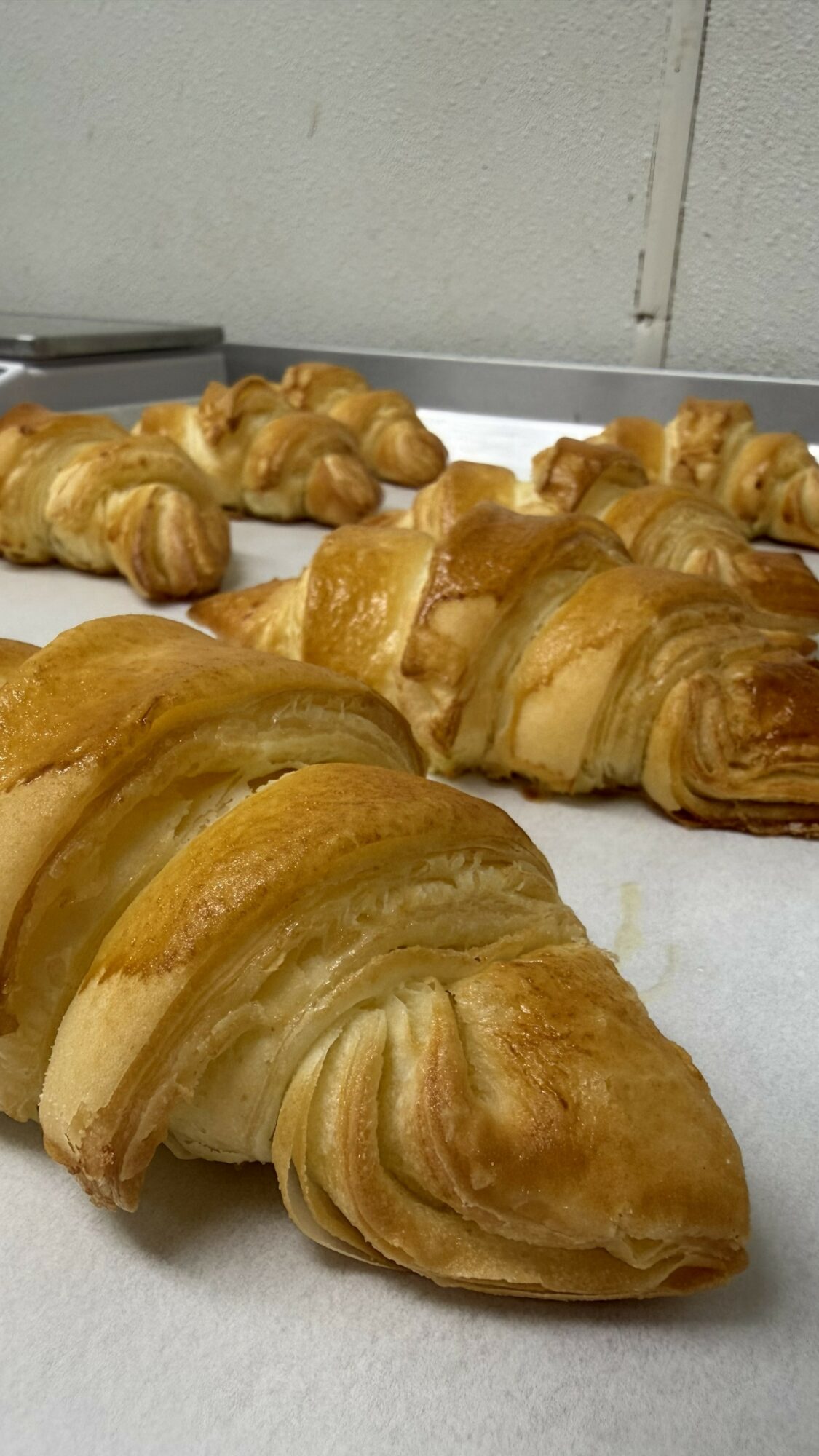 Several croissants and pastries on a tray, with a plain wall in the background.