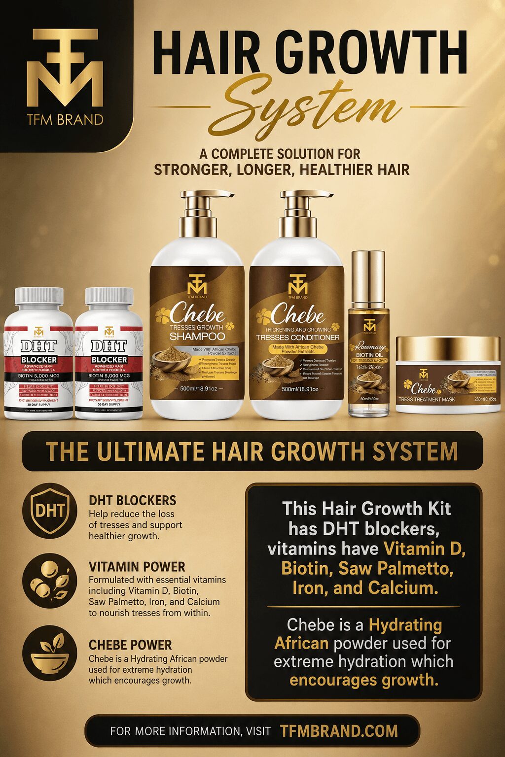 Hair growth system products including shampoo, serum, and supplements on a gold background with text about hair health.