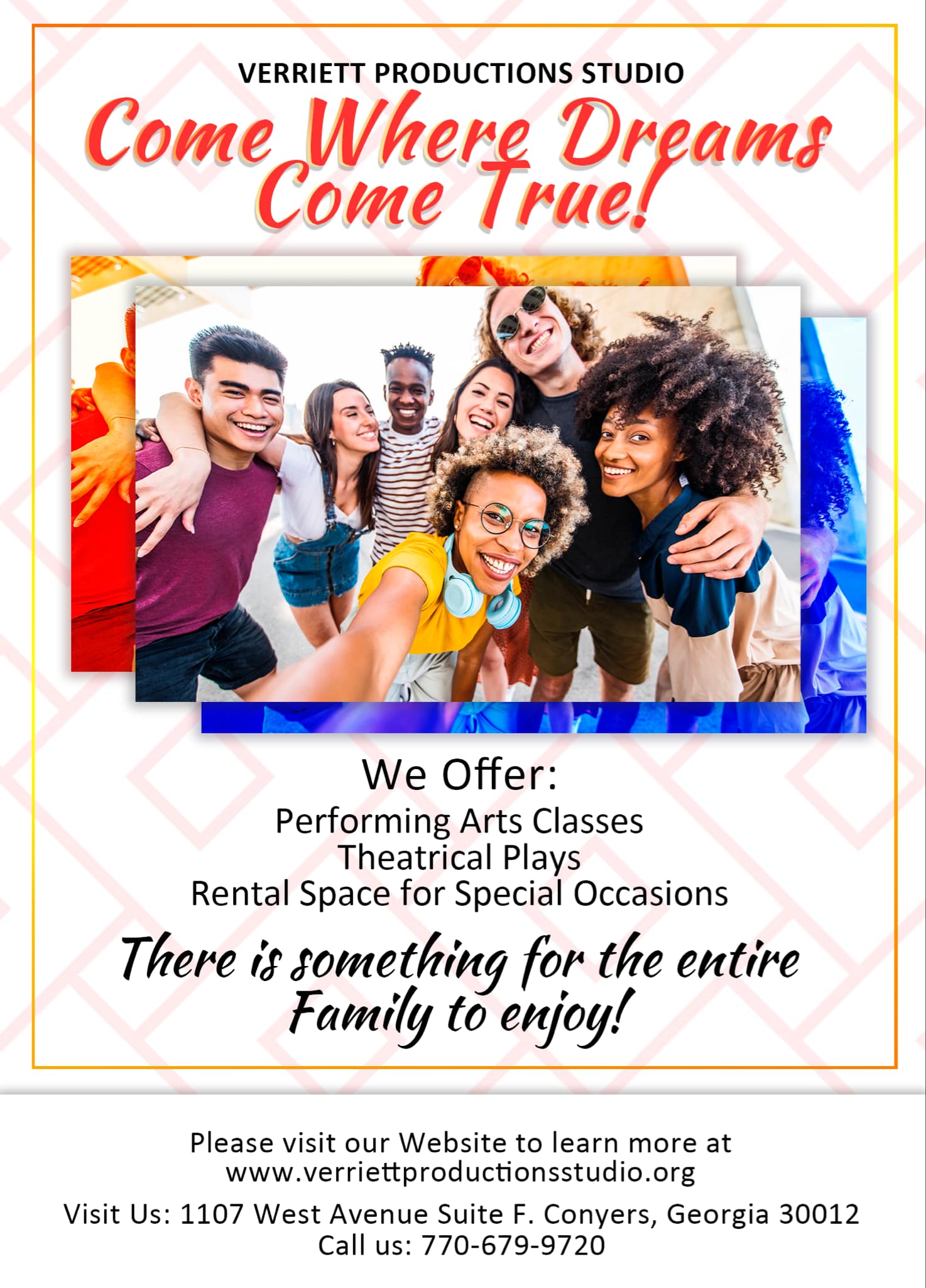 Group of diverse smiling people taking a selfie, colorful background, text about performances and family enjoyment.