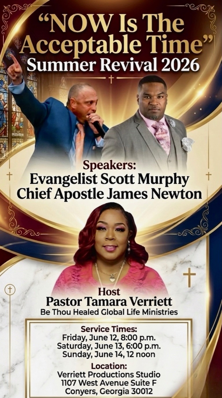 Event poster for Summer Revival 2026 featuring speakers Evangelist Scott Murphy and Chief Apostle James Newton, and host Pastor Tamara Verriett.