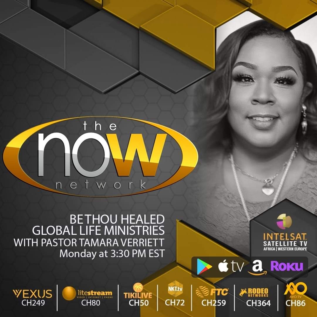 Black and white photo of a woman smiling, with a logo and text about a religious program on a TV network.