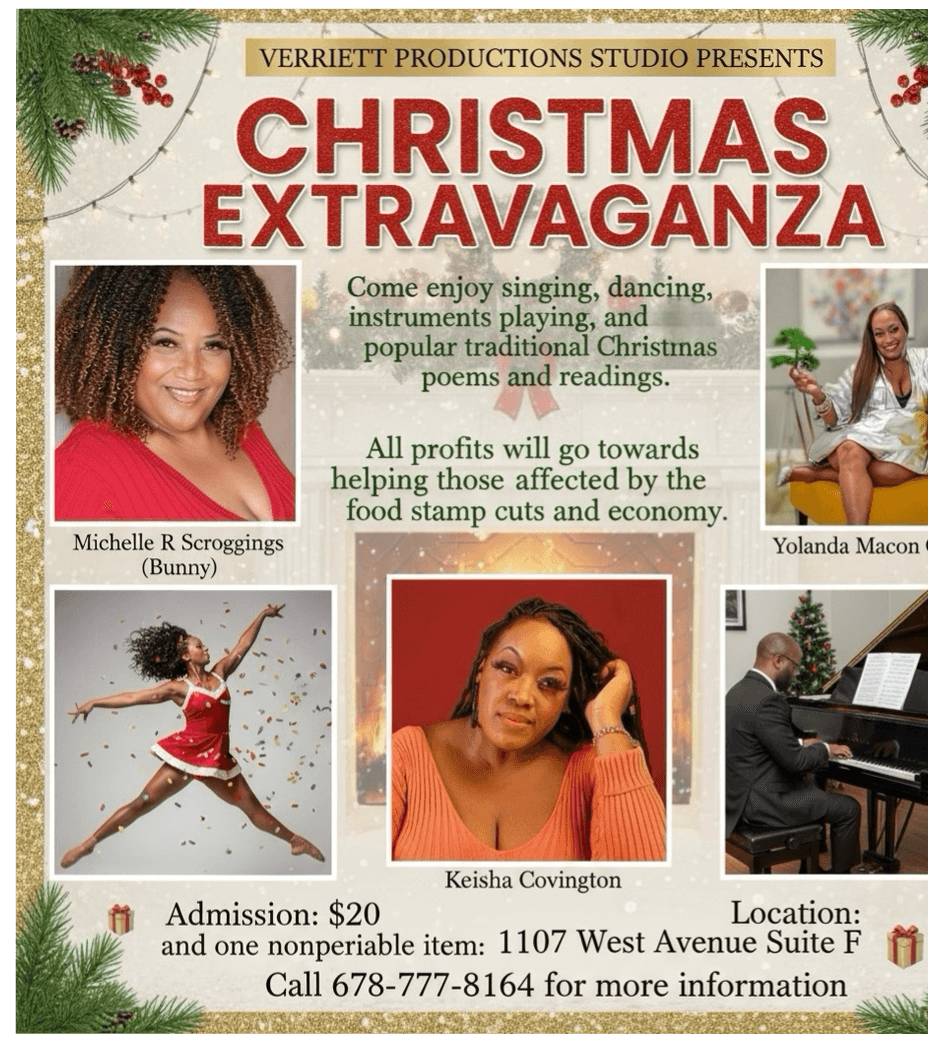 Poster for Christmas Extravaganza event with images of people, a dancer, and a pianist, and event details including location and contact.