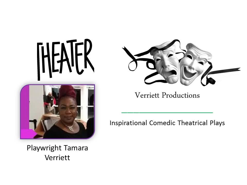 The image features a logo for 'Theater' with comedy and tragedy masks, a photo of a woman, and text about theatrical plays.