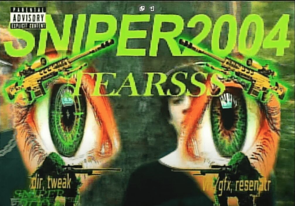 Colorful graphic with large green text 'SNIPER 2004' and eye illustrations with guns, featuring a person in the background.