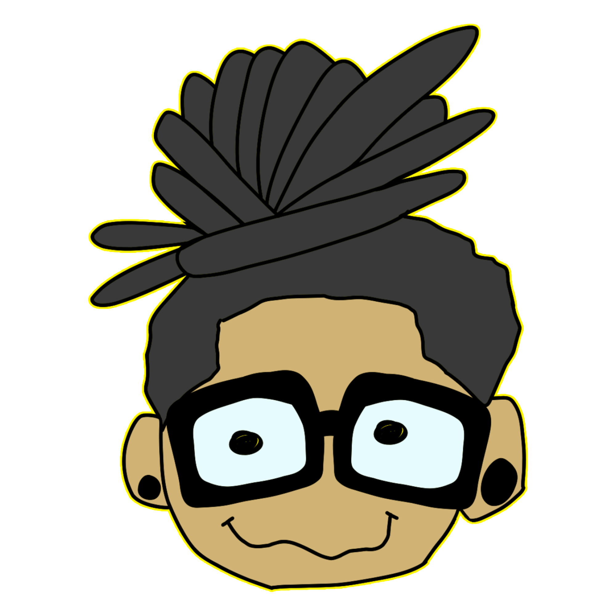 Cartoon person with glasses, styled hair, and earrings, smiling against a black background.